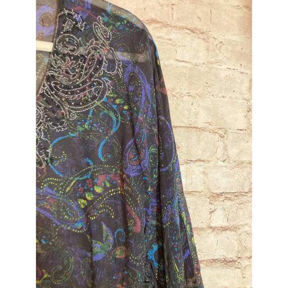 Chico's Silk Kimono Top Womens Large Paisley Beaded Dark Romantic Sheer - Picture 4 of 12
